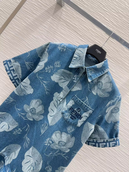 F 25 New Embroidered Pocket Printed Ruffle Hem Short Sleeve Denim Dresses