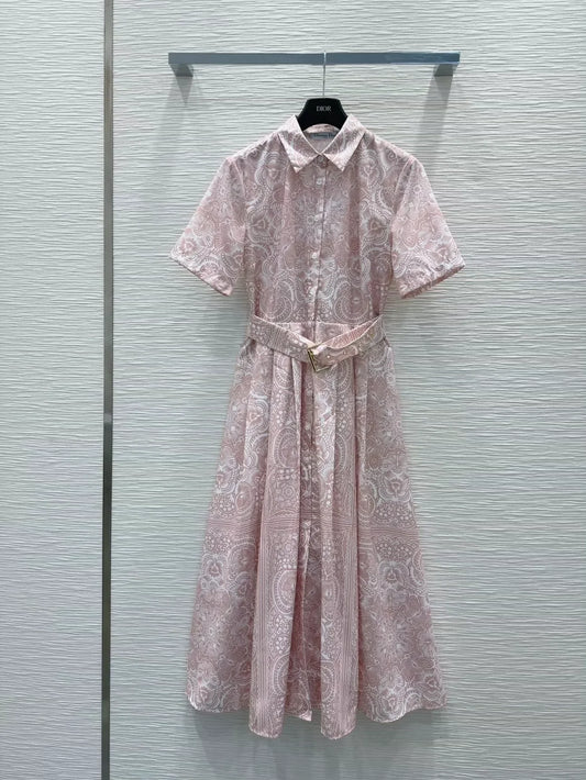 D 25 New Printed Belt Single Breasted Lapel Short Sleeve Dresses