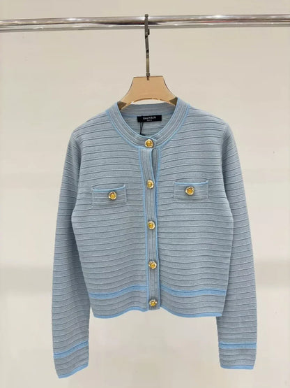 25 Spring and Summer new V-neck irregular metal button simple casual knitted cardigan