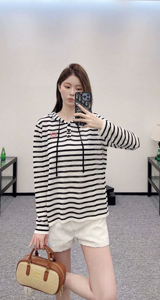 LO 25 New Hooded Striped Knit Sunscreen Top