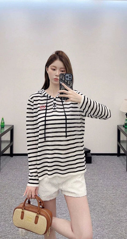 LO 25 New Hooded Striped Knit Sunscreen Top