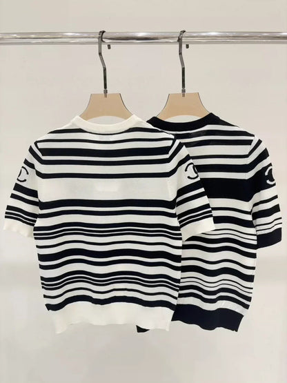 25 Summer New Black and White Striped Letter Logo Jacquard Knitted Short Sleeves