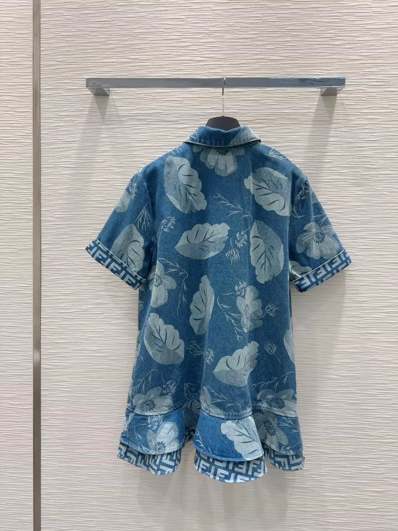 F 25 New Embroidered Pocket Printed Ruffle Hem Short Sleeve Denim Dresses
