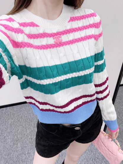 C 25 Colorful Striped Crochet Pullover Sweater