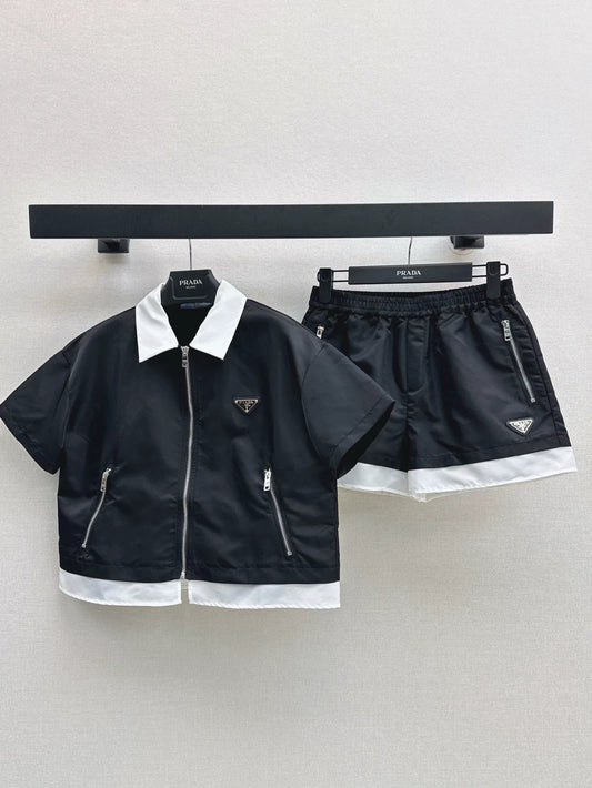 P 25 Spring and Summer New Sports Style Suit Colorful Collar Zipper Short Sleeve Top + Elastic Waist Colorful Side Shorts
