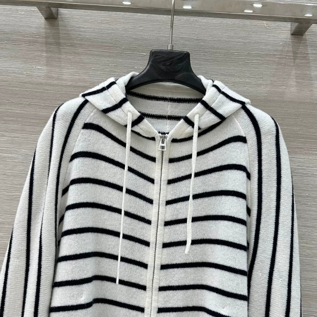 D 25 new drawstring design drawstring striped wool hooded cardigan