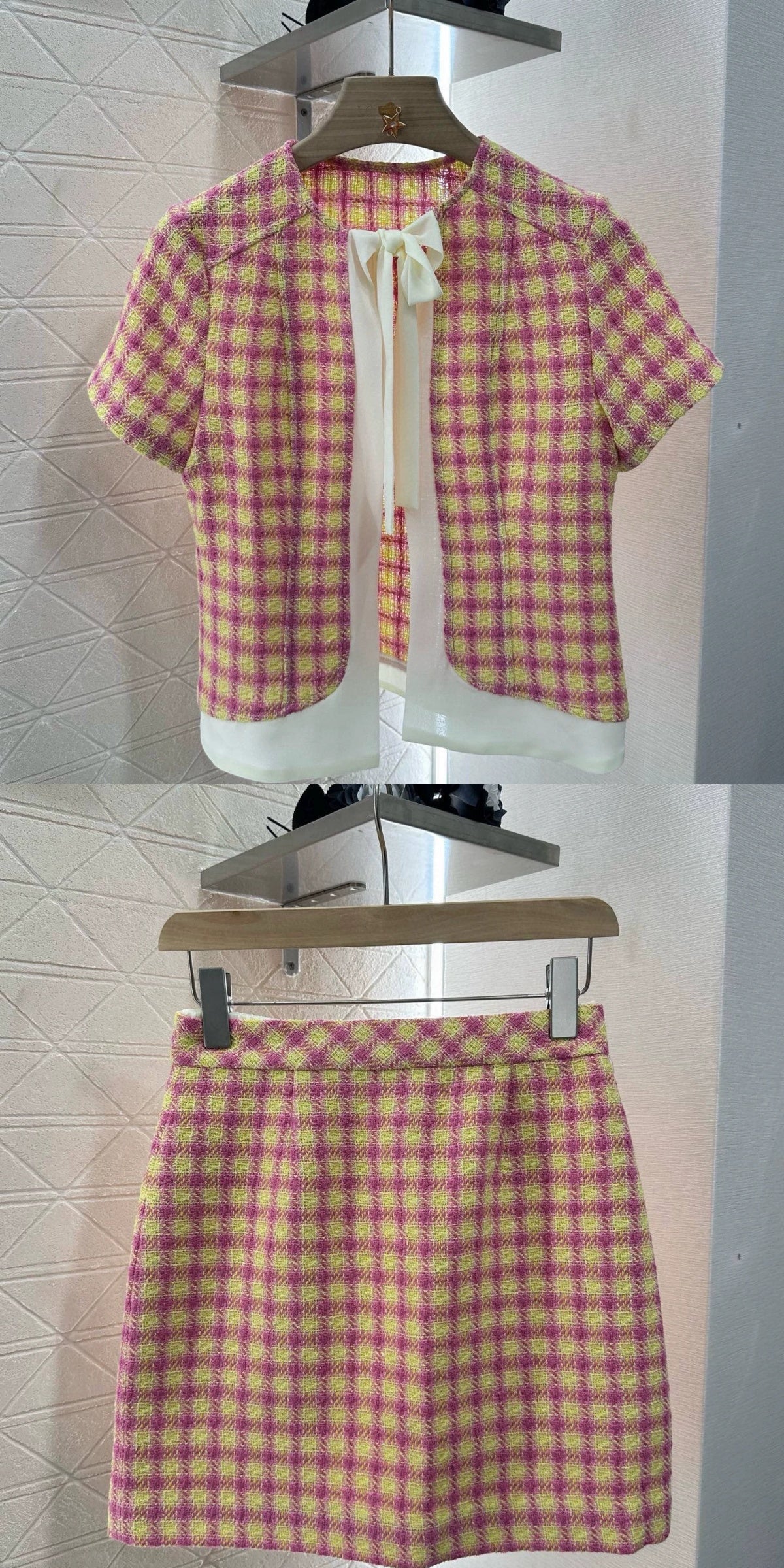 C Spring 25 New Plaid Ribbon Blouse and Half Skirt Set