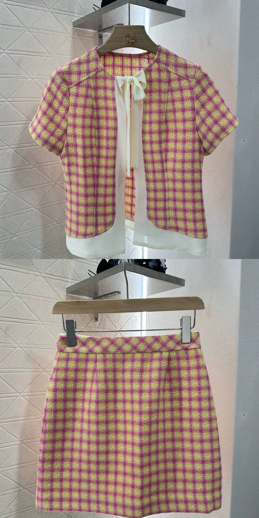 C Spring 25 New Plaid Ribbon Blouse and Half Skirt Set