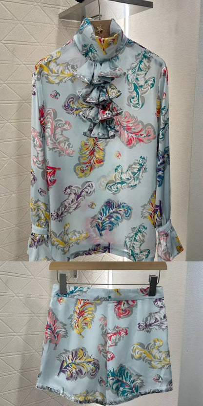 C 25 spring and summer new Sequins printed high-neck shirt shorts set