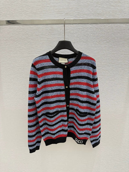 G 25 New Striped Letter Round Neck Long Sleeve Knit Cardigan