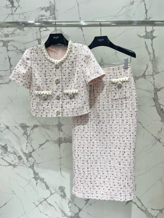 25 Summer new mixed color tweed pearl short suit