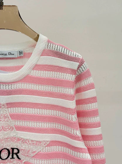 D 25 Spring and Summer New Round Neck Letter Star Embroidery Jacquard Stripe Contrast Color Knitted Long Sleeve