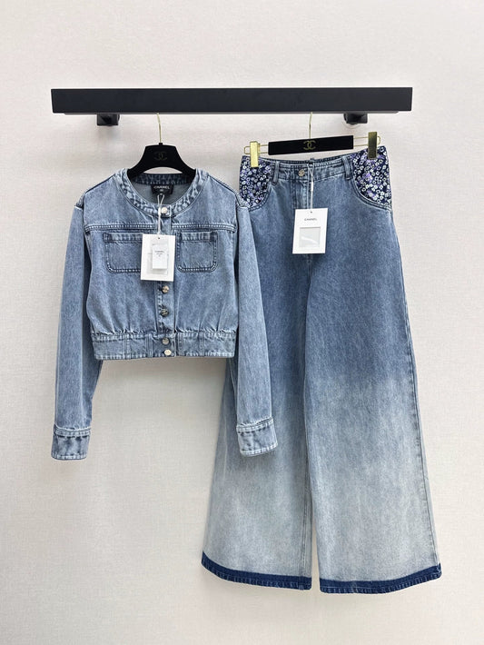 25 new round-neck denim jacket and trousers set