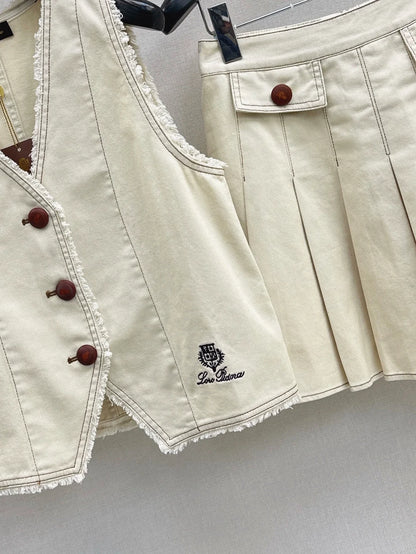 25 spring and summer new suit Sleeveless V-neck denim vest + age-reducing pressed pleated half skirt