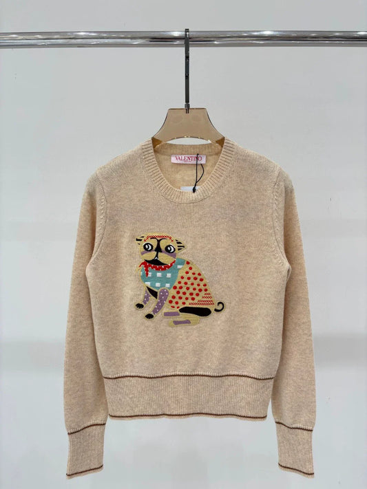 V 25 Early Autumn New Round Neck Contrast Animal Pattern Knitted Long Sleeve