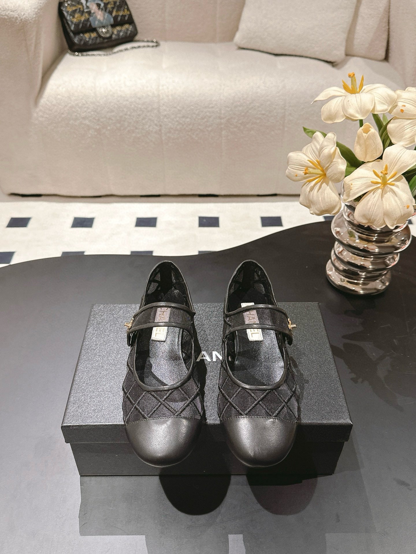 Mary Janes Flats Black Mesh Leather