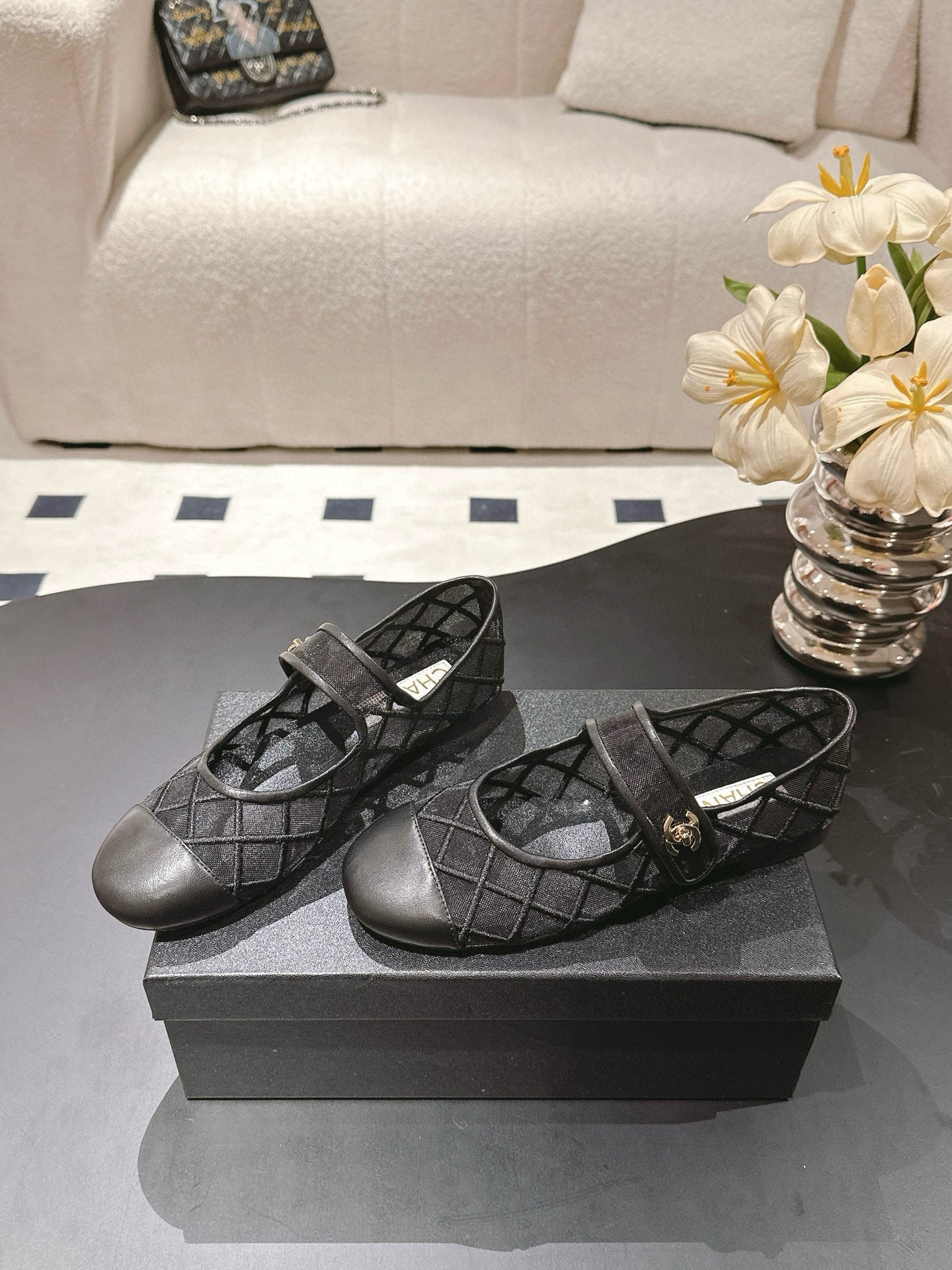 Mary Janes Flats Black Mesh Leather