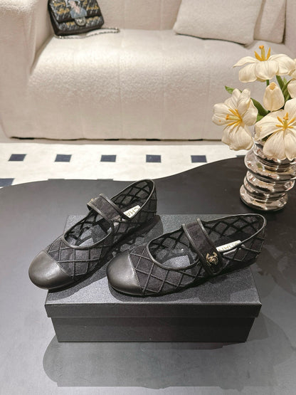 Mary Janes Flats Black Mesh Leather