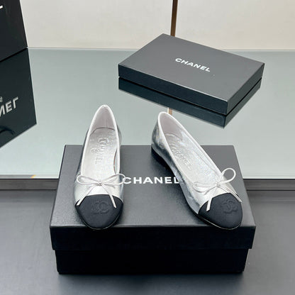 Ballet Flats 20mm Silver Metallic Sheepskin Black Grosgrain 266677