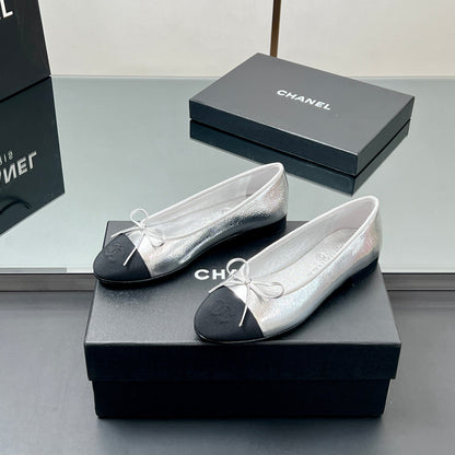 Ballet Flats 20mm Silver Metallic Sheepskin Black Grosgrain 266677
