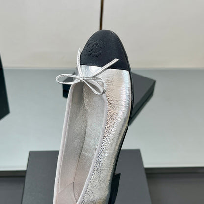 Ballet Flats 20mm Silver Metallic Sheepskin Black Grosgrain 266677