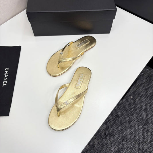 Crystal Logo Thong Sandal Gold Metallic Sheepskin 352487