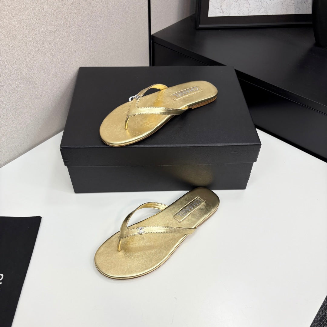 Crystal Logo Thong Sandal Gold Metallic Sheepskin 352487