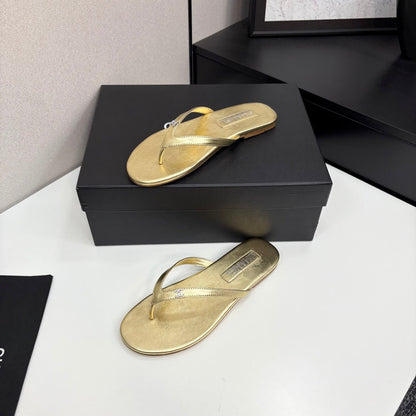 Crystal Logo Thong Sandal Gold Metallic Sheepskin 352487
