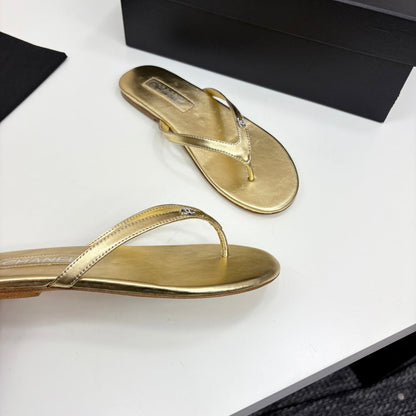 Crystal Logo Thong Sandal Gold Metallic Sheepskin 352487