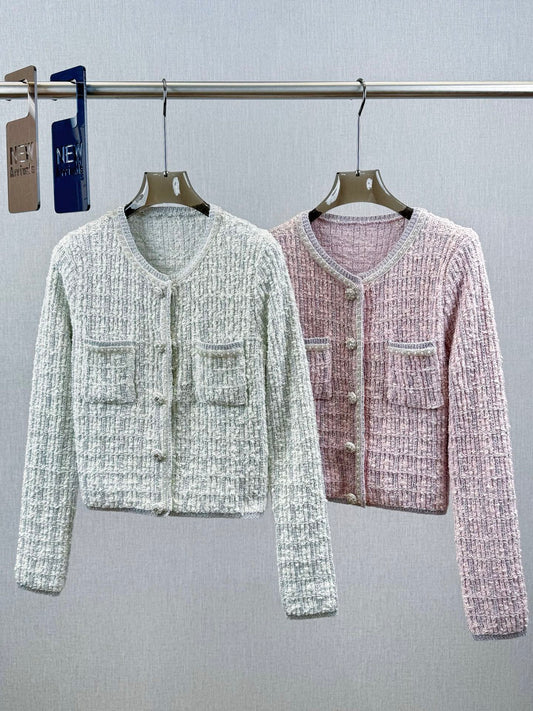 Tweed Beaded Coat Pink White Cotton Acrylic 251307