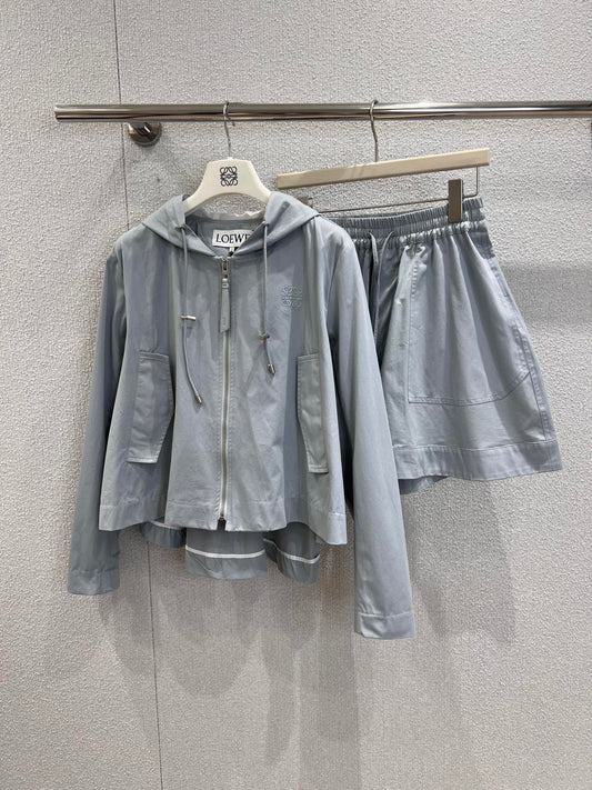 25Fw Early Fall New Hooded Drawstring Zipper Jacket + Shorts Set