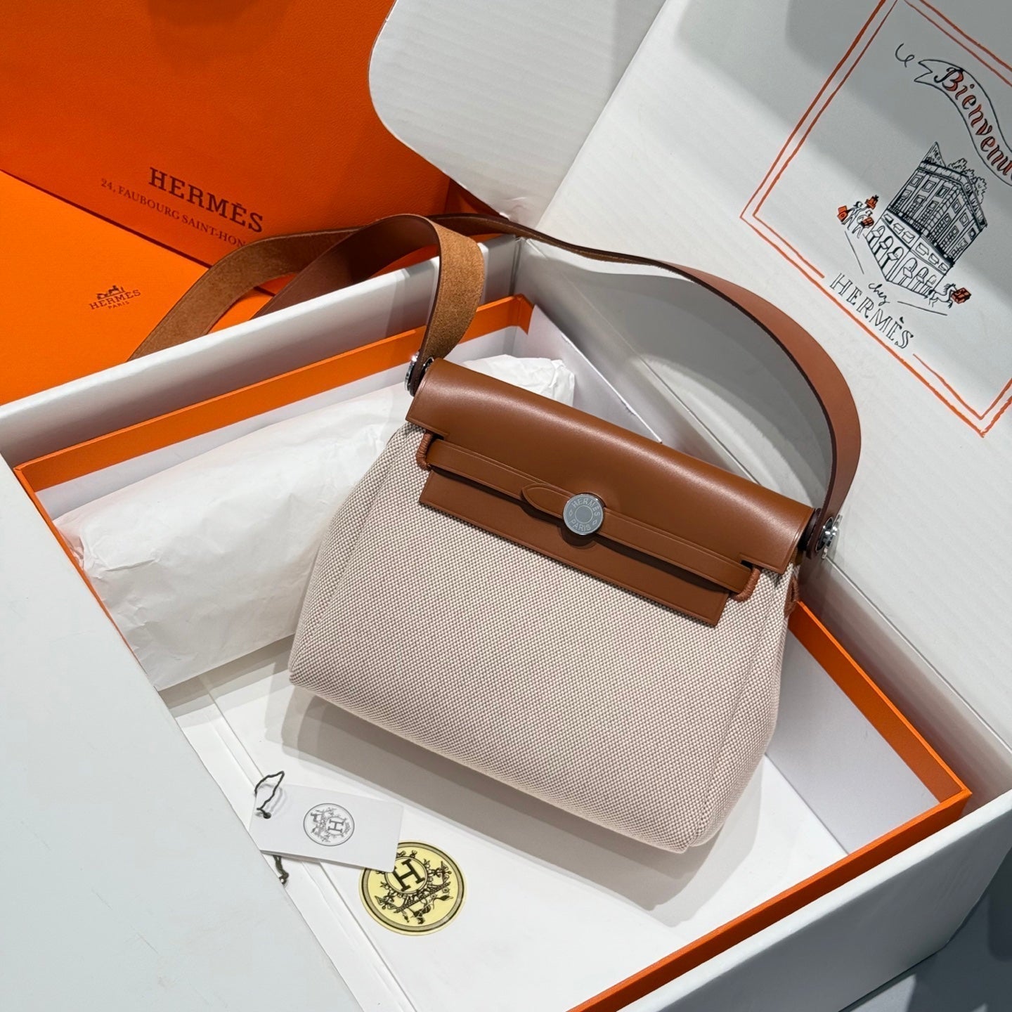 Mini Herbag Silver Buckle 20 Beige Canvas and Hunter Cowhide 243216