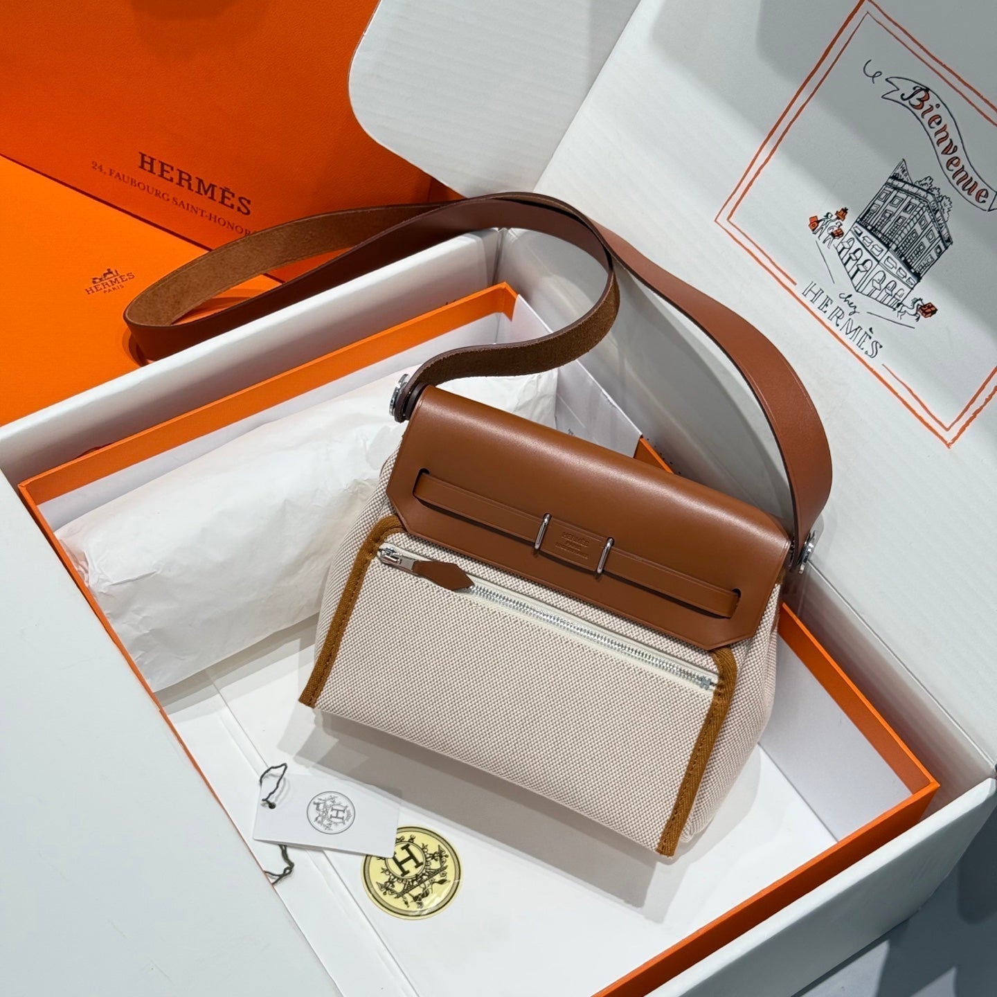 Mini Herbag Silver Buckle 20 Beige Canvas and Hunter Cowhide 243216