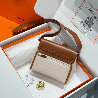 Mini Herbag Silver Buckle 20 Beige Canvas and Hunter Cowhide 243216