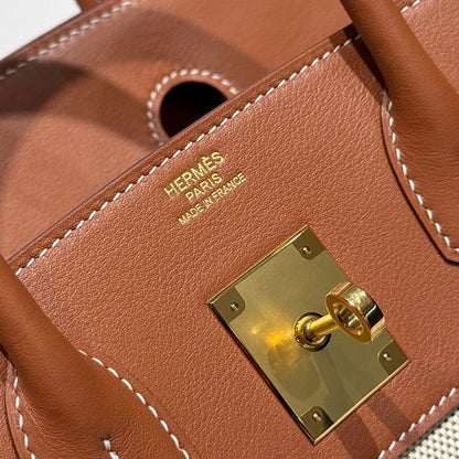 Birkin 30cm Golden Brown Swift Cowhide With Horse Totem Beige Canvas Fabric Ghw 249975