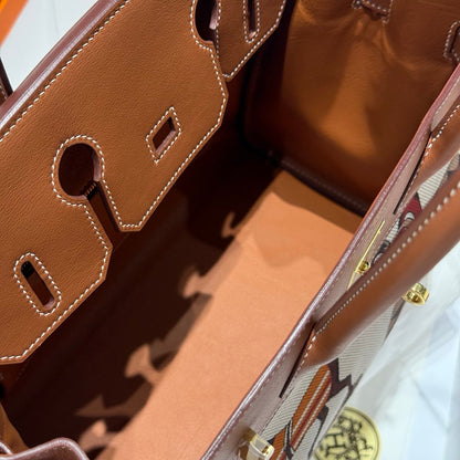 Birkin 30cm Golden Brown Swift Cowhide With Horse Totem Beige Canvas Fabric Ghw 249975
