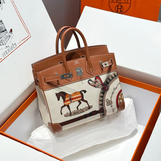 Birkin 25cm Golden Brown Swift Cowhide With Horse Totem Beige Canvas Fabric Shw 249990