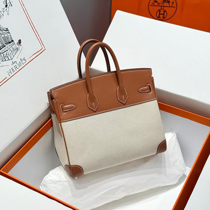 Birkin 25cm Golden Brown Swift Cowhide With Horse Totem Beige Canvas Fabric Shw 249990