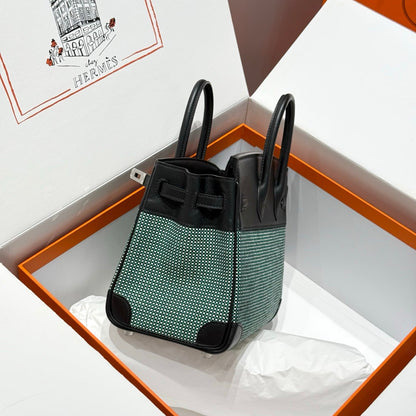 Birkin 25cm Black Swift Cowhide With Waffe Forest Green Canvas Fabric Shw 249987