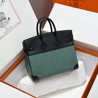 Birkin 25cm Black Swift Cowhide With Waffe Forest Green Canvas Fabric Shw 249987