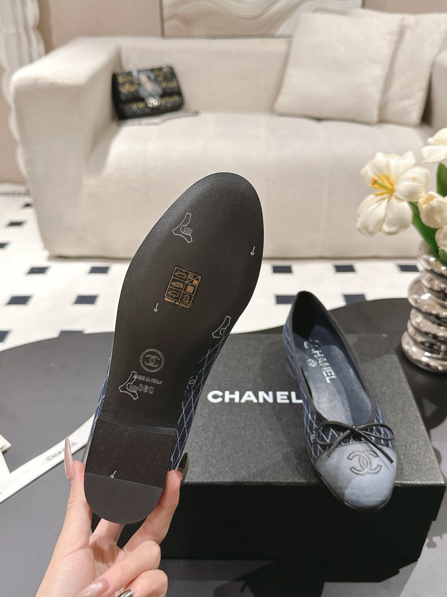 25c ballet flat cross line pattern dark blue denim 237480