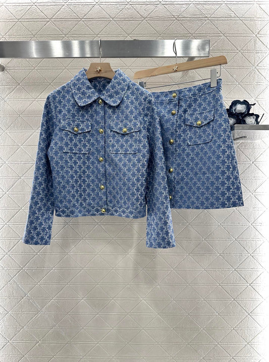 2025 new embroidered denim lapel jacket skirt suit