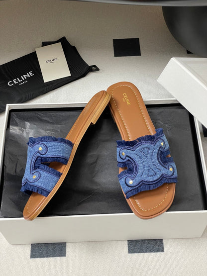 Marina Fringed Flat Mule In Blue Denim 319736