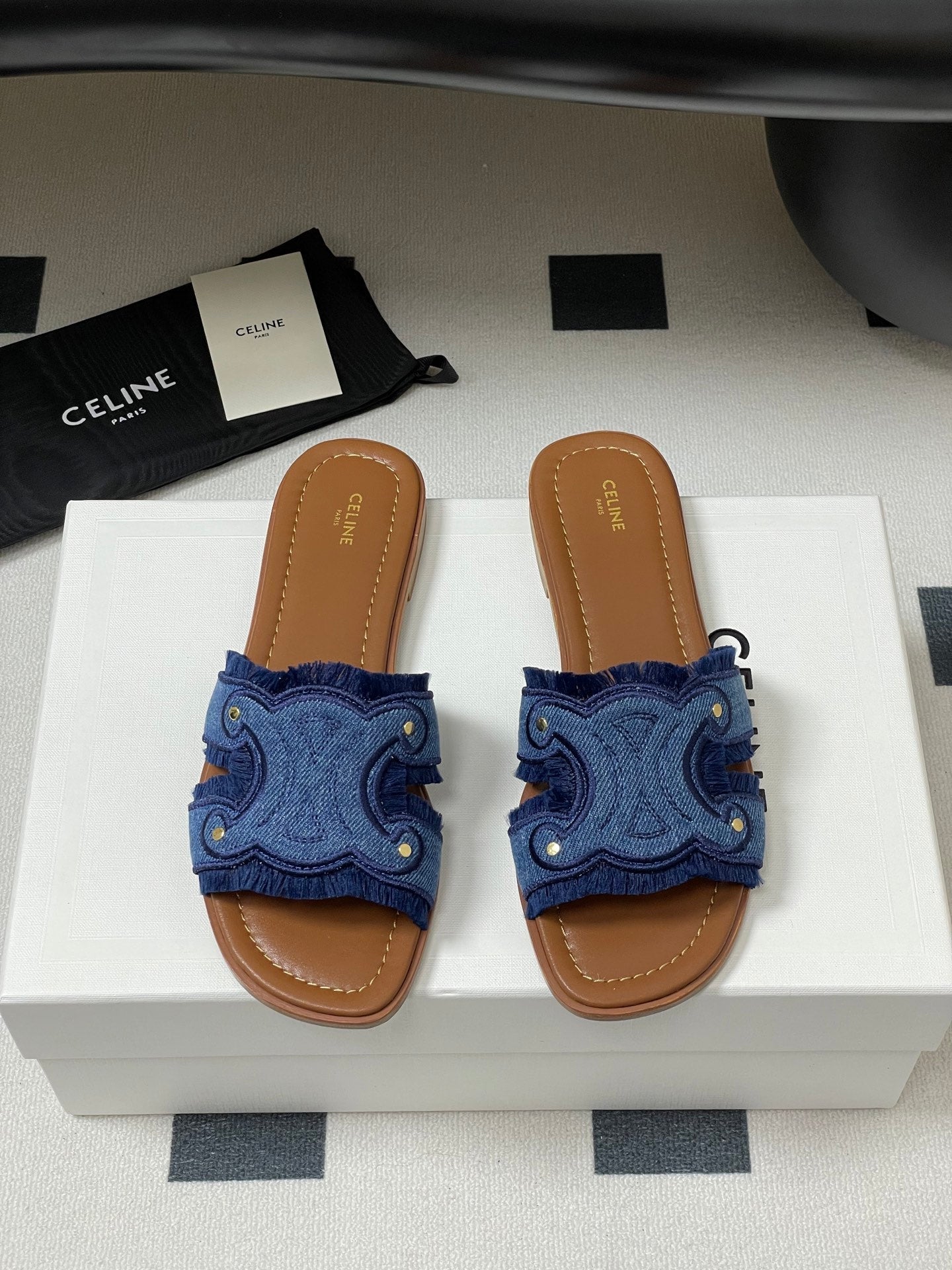 Marina Fringed Flat Mule In Blue Denim 319736