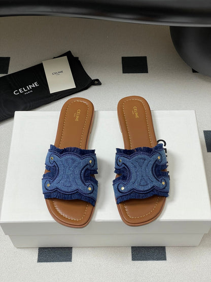 Marina Fringed Flat Mule In Blue Denim 319736