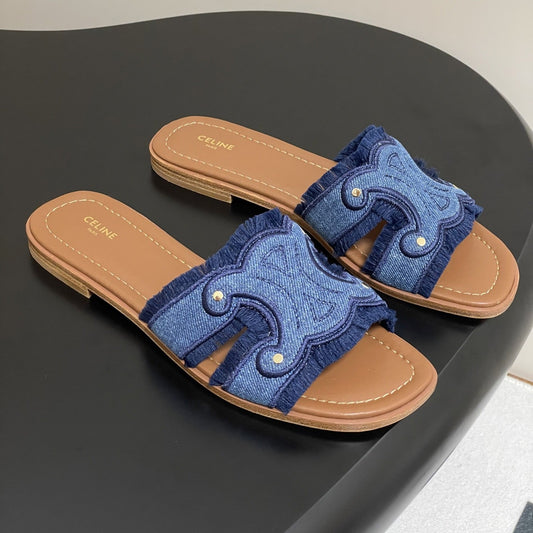 Marina Fringed Flat Mule In Blue Denim 319736