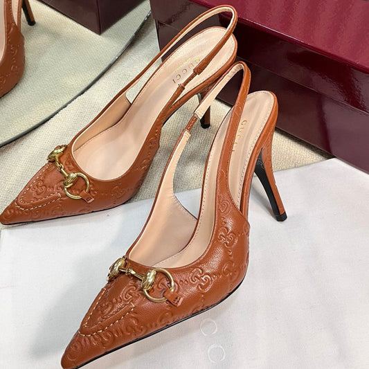 Horsebit Slingback Pump 100mm Brown Embossed Sheepskin 294578