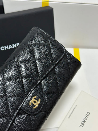 Classic Long Flap Wallet Black Quilted Caviar Gold Buckle 243676