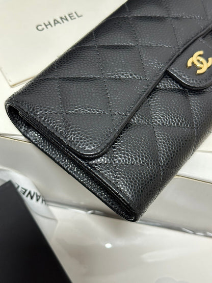 Classic Long Flap Wallet Black Quilted Caviar Gold Buckle 243676