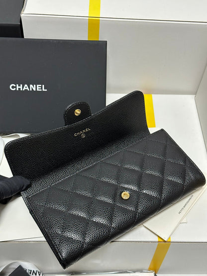 Classic Long Flap Wallet Black Quilted Caviar Gold Buckle 243676